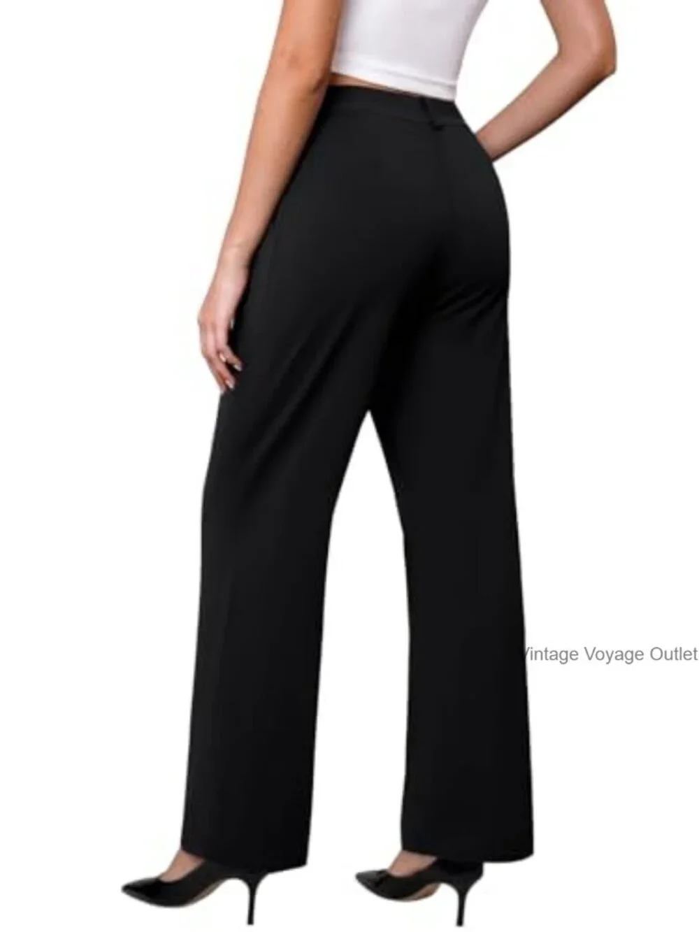 Stretchy High Waisted Wide Leg Work Pants with Pockets Business Casual - Picture 2 of 6